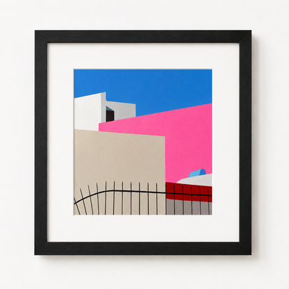 Framed abstract art print with geometric shapes in blue, pink, beige, and red on a white background.