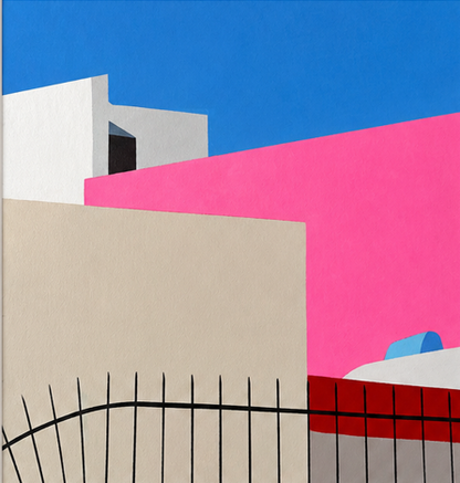 Colorful abstract painting of geometric shapes and buildings against a blue sky.