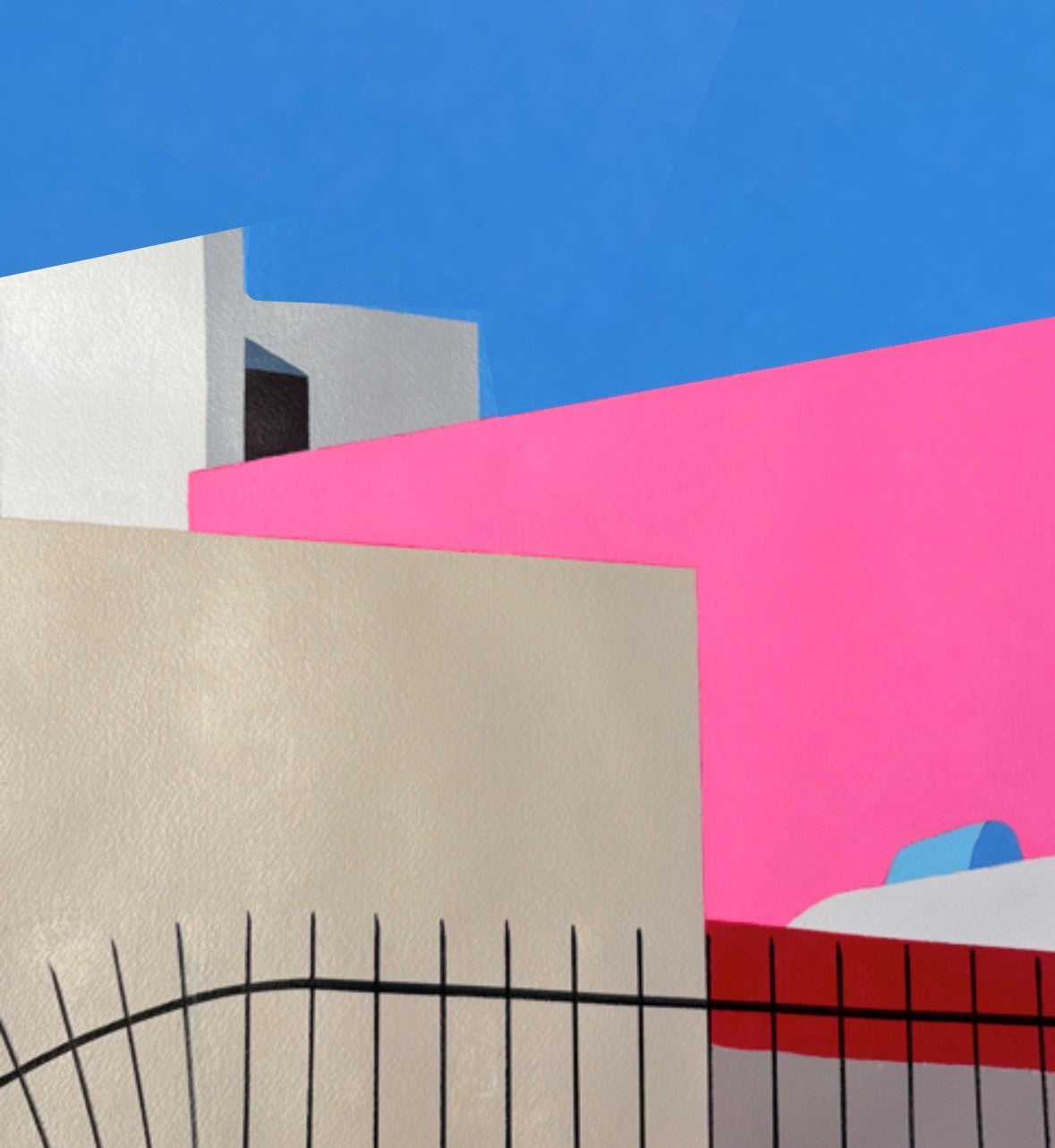Modern architectural design with geometric shapes against a blue sky
