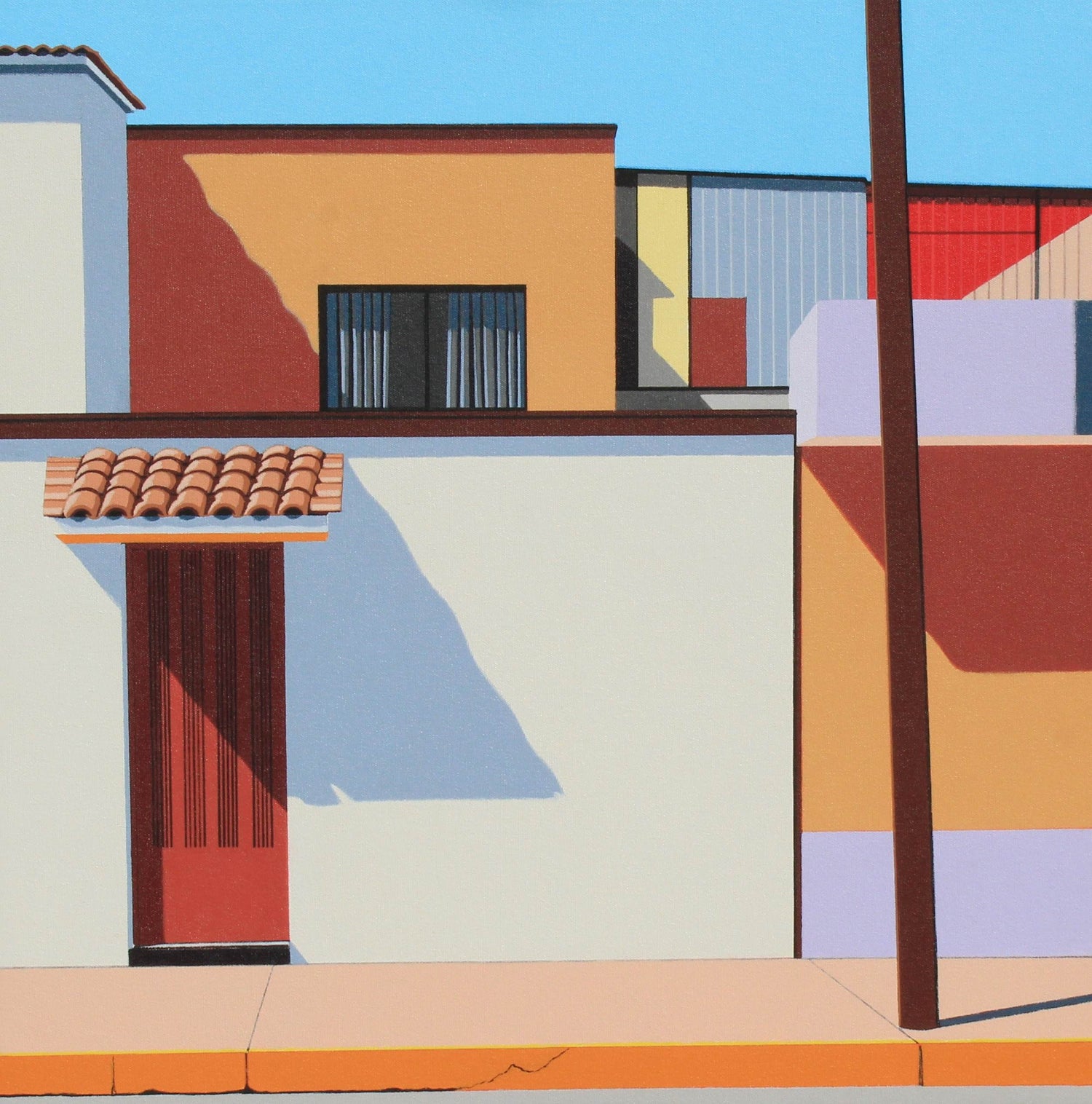 Gordon Leverton - Mexico Inspired art - Colorful abstract depiction of buildings with geometric shapes and shadows.