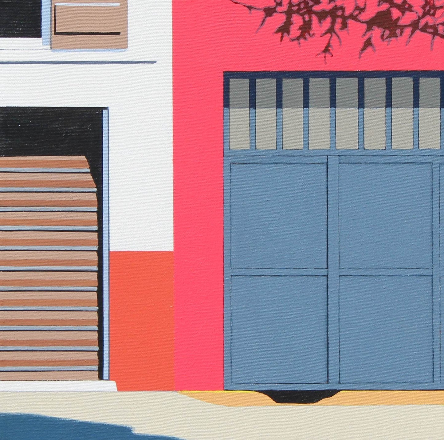 Colorful abstract design with geometric shapes and a blue door.