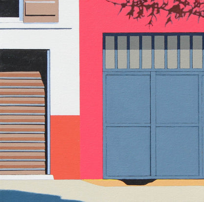 Colorful abstract design with geometric shapes and a blue door.