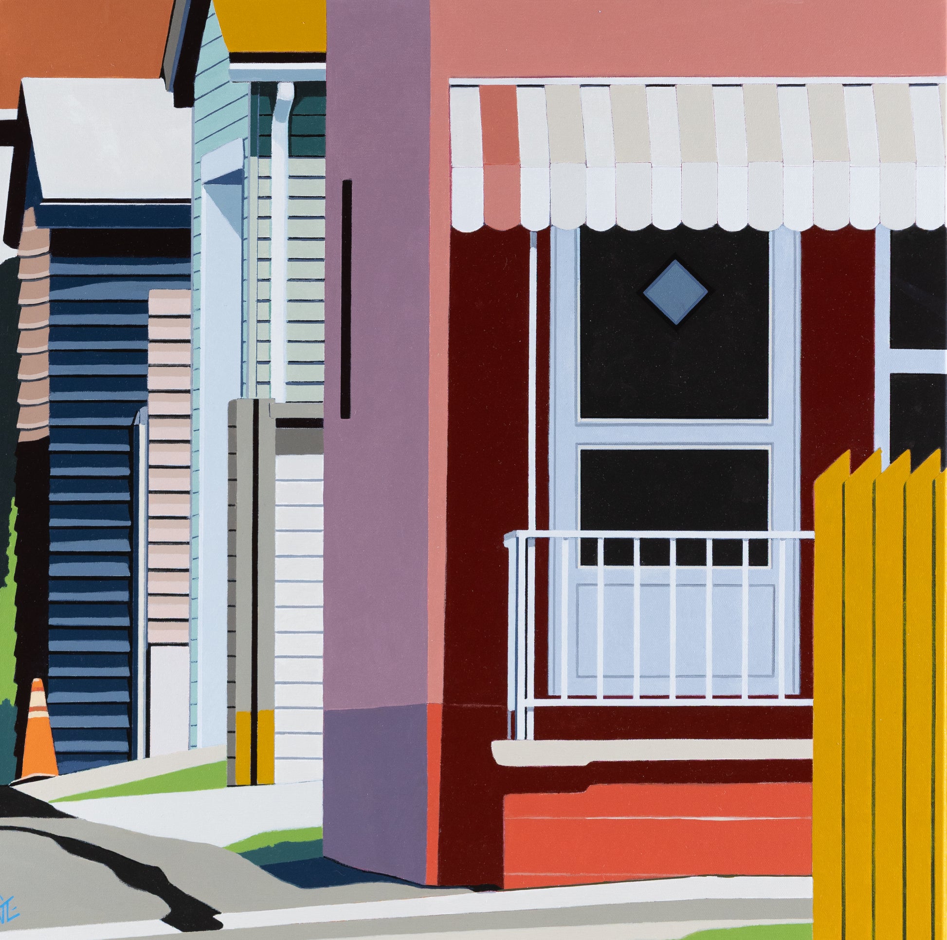 Original acrylic painting Discretion by Gordon Leverton depicting detailed architecture in Hamilton (Canada) with vibrant tropical colors and geometric forms