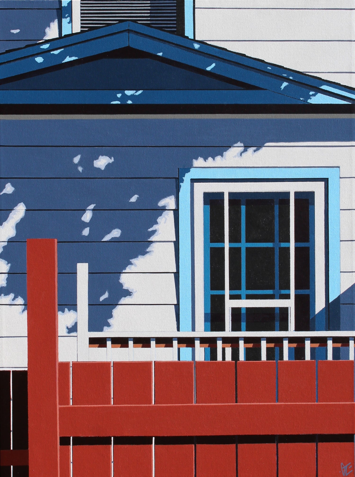 Enchantment is an original  24Hx18W inch painting by Gordon Leverton, Hamilton Artist, featuring architectural painting of a side view of a home with a vivid shadow on the home in Hamilton, Canada in bold geometric shapes.