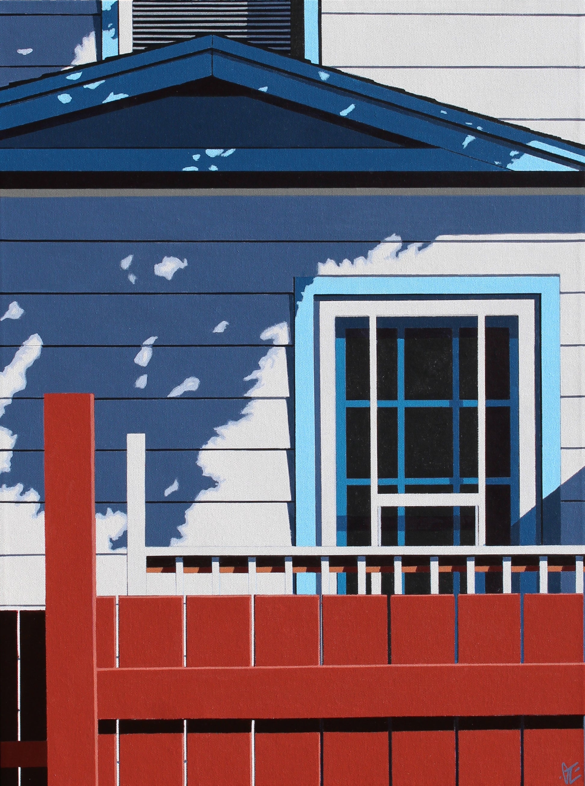 Enchantment is an original  24Hx18W inch painting by Gordon Leverton, Hamilton Artist, featuring architectural painting of a side view of a home with a vivid shadow on the home in Hamilton, Canada in bold geometric shapes.