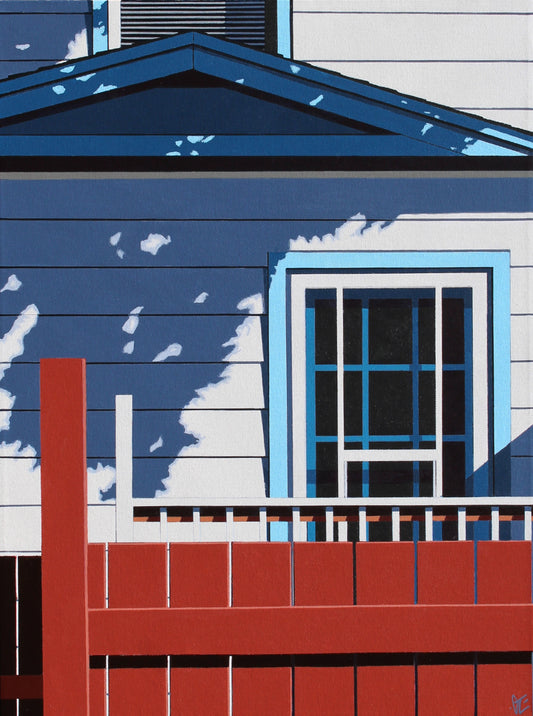 Enchantment is an original  24Hx18W inch painting by Gordon Leverton, Hamilton Artist, featuring architectural painting of a side view of a home with a vivid shadow on the home in Hamilton, Canada in bold geometric shapes.