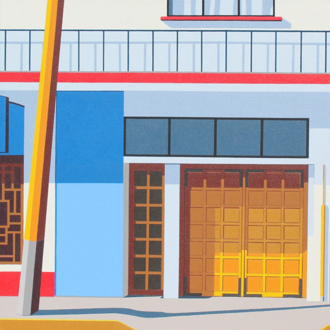 Gordon Leverton - award winning Canadian Artist - Latin American Architecture Artwork Illustration of a building with colorful facade and streetlight
