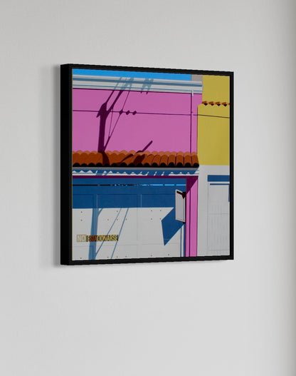 Original acrylic painting No Estacionarse by Gordon Leverton depicting Mexico City, Mexico architecture with bold urban details