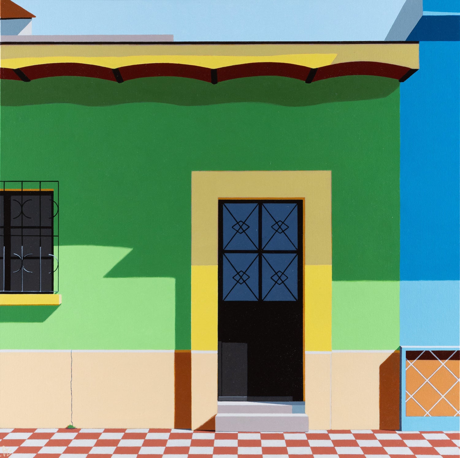 Original acrylic painting Fantasia by Gordon Leverton depicting colorful architecture in Guadalajara Mexico with contemporary urban geometric forms