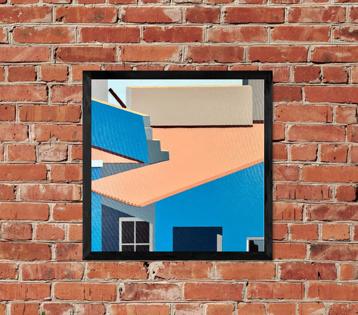 Original acrylic painting Patamanta by Gordon Leverton depicting rooftop cluster of homes in Cercado de Lima Peru with colorful urban architecture