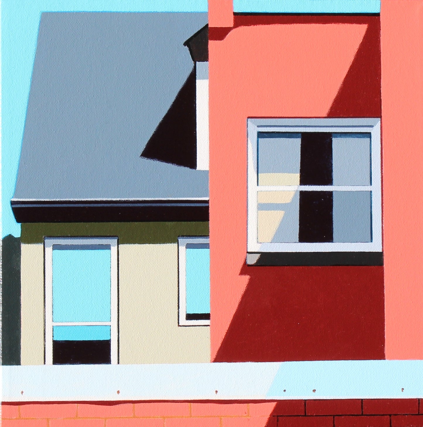 Go Wild is an original  12x12" by Gordon Leverton, Hamilton Artist, featuring architectural painting of a side view homes in Hamilton, Canada in bold geometric shapes.