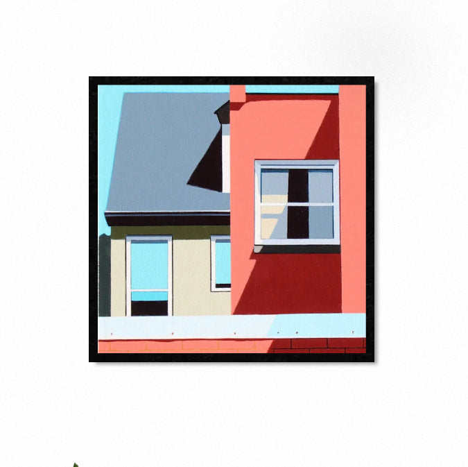 Go Wild is an original  12x12" by Gordon Leverton, Hamilton Artist, featuring architectural painting of a side view homes in Hamilton, Canada in bold geometric shapes.