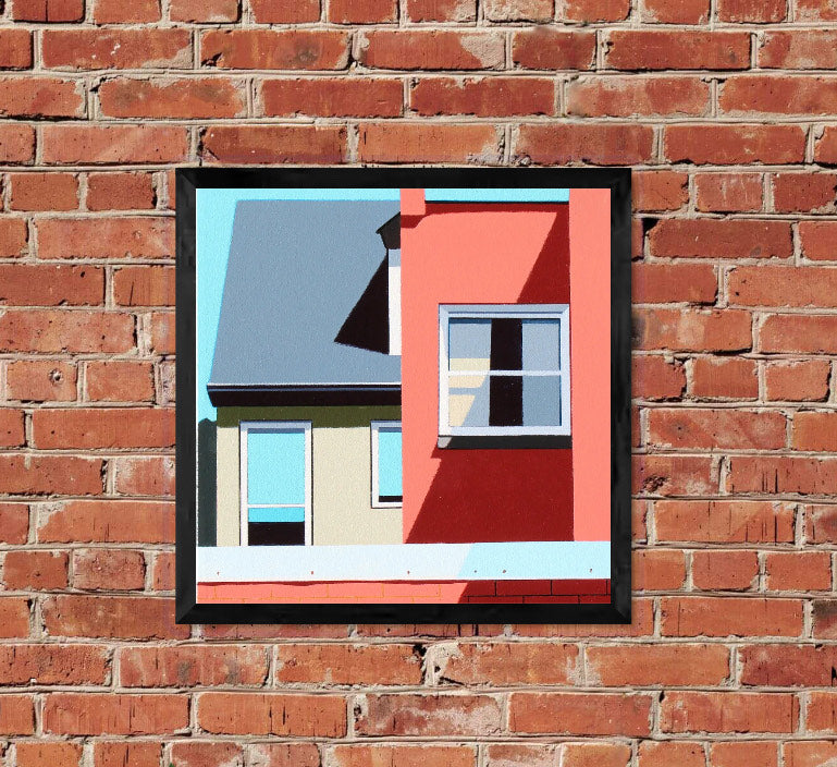 Go Wild is an original  12x12" by Gordon Leverton, Hamilton Artist, featuring architectural painting of a side view homes in Hamilton, Canada in bold geometric shapes.