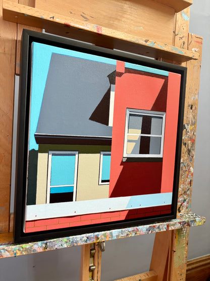 Go Wild is an original  12x12" by Gordon Leverton, Hamilton Artist, featuring architectural painting of a side view homes in Hamilton, Canada in bold geometric shapes.