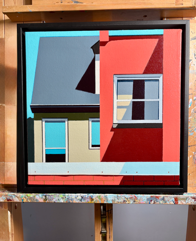 Go Wild is an original  12x12" by Gordon Leverton, Hamilton Artist, featuring architectural painting of a side view homes in Hamilton, Canada in bold geometric shapes.