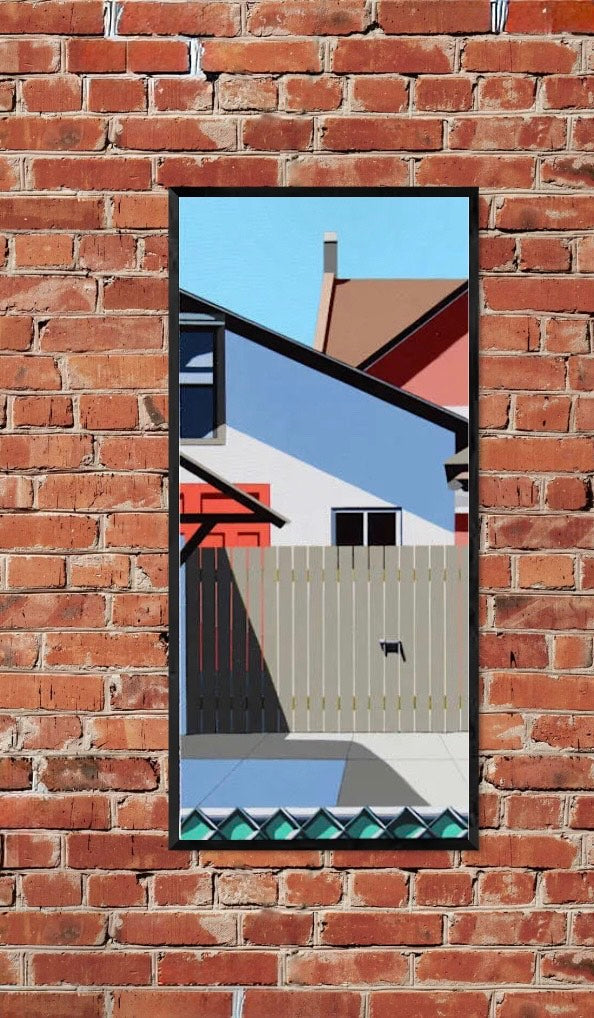 Good Neighbours is an original  30x15 inch painting by Gordon Leverton, Hamilton Artist, featuring architectural painting of a side view homes in Hamilton, Canada in bold geometric shapes.