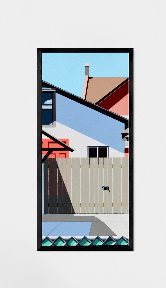 Good Neighbours is an original  30x15 inch painting by Gordon Leverton, Hamilton Artist, featuring architectural painting of a side view homes in Hamilton, Canada in bold geometric shapes.