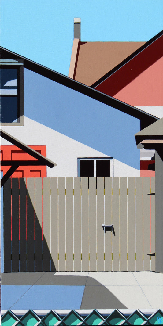 Good Neighbours is an original  30x15 inch painting by Gordon Leverton, Hamilton Artist, featuring architectural painting of a side view homes in Hamilton, Canada in bold geometric shapes.