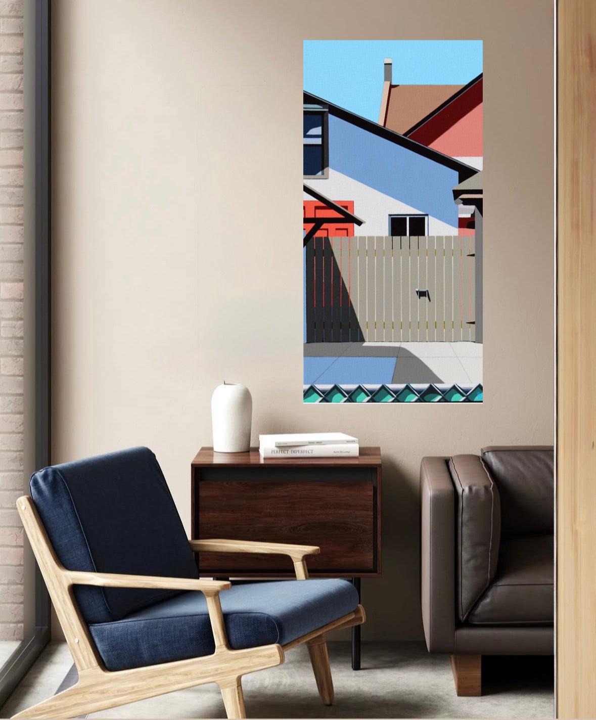 Good Neighbours is an original  30x15 inch painting by Gordon Leverton, Hamilton Artist, featuring architectural painting of a side view homes in Hamilton, Canada in bold geometric shapes.