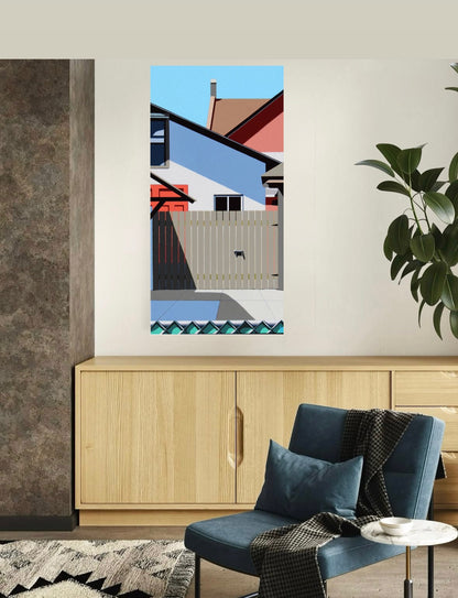 Good Neighbours is an original  30x15 inch painting by Gordon Leverton, Hamilton Artist, featuring architectural painting of a side view homes in Hamilton, Canada in bold geometric shapes.