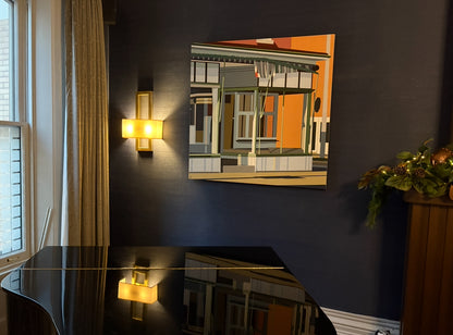 Photo taken of Vintage Charm, Gordon Leverton in The Hamilton Club, Hamilton, Canada in December 2025. Original acrylic painting Vintage Charm by Gordon Leverton depicting 313 Barton Street corner building in Hamilton with historic storefront architecture - Grocery Store for over 73 years.