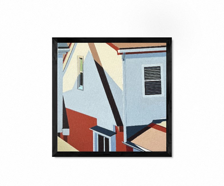 Hindsight is an original 12x12 inch painting by Gordon Leverton, Hamilton Artist, featuring architectural painting of a side view homes in Toronto, Canada in bold geometric shapes.