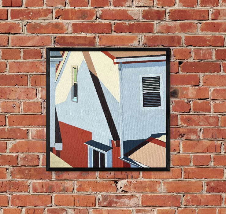 Hindsight is an original 12x12 inch painting by Gordon Leverton, Hamilton Artist, featuring architectural painting of a side view homes in Toronto, Canada in bold geometric shapes.