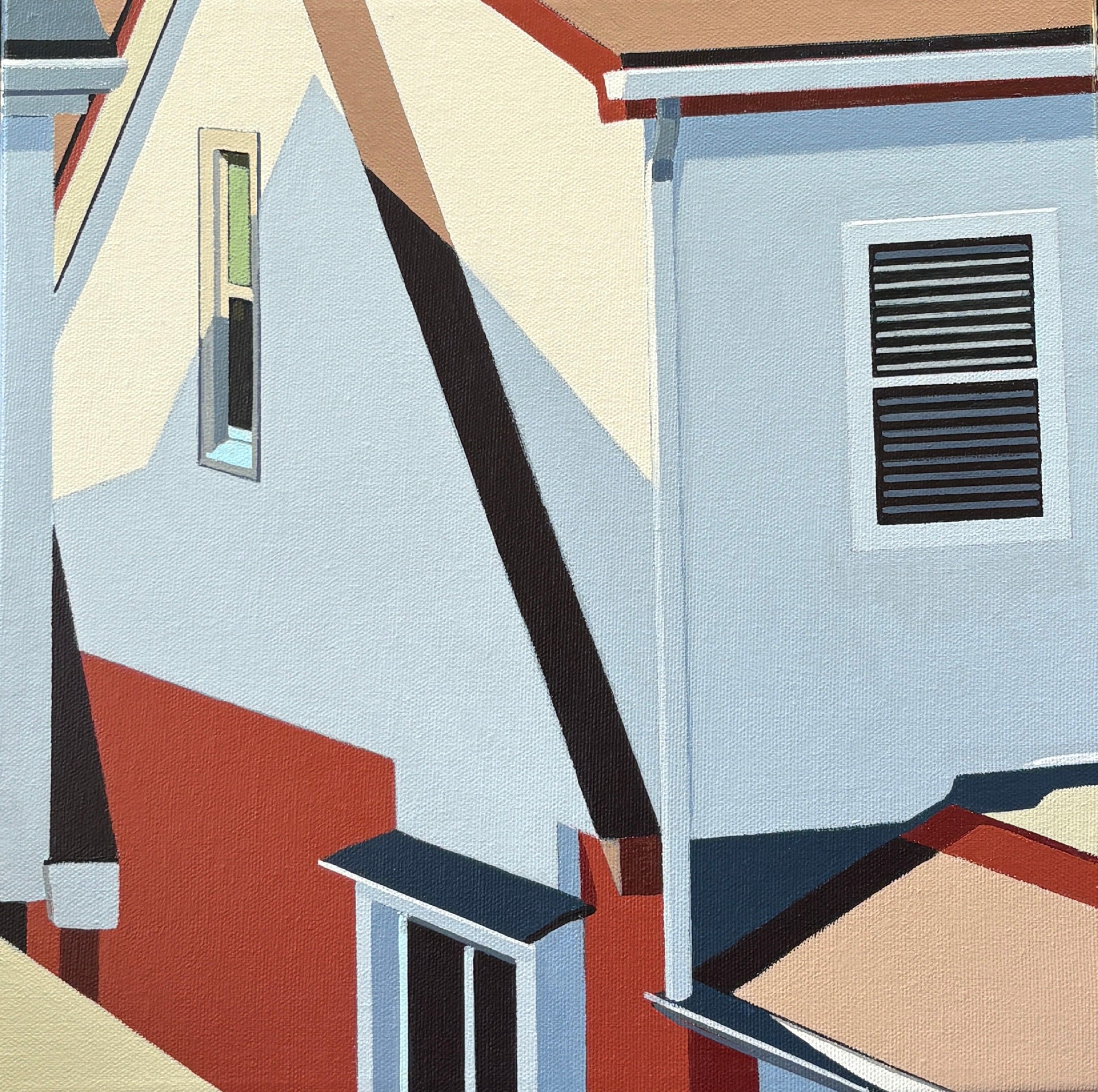 Hindsight is an original 12x12 inch painting by Gordon Leverton, Hamilton Artist, featuring architectural painting of a side view homes in Toronto, Canada in bold geometric shapes.