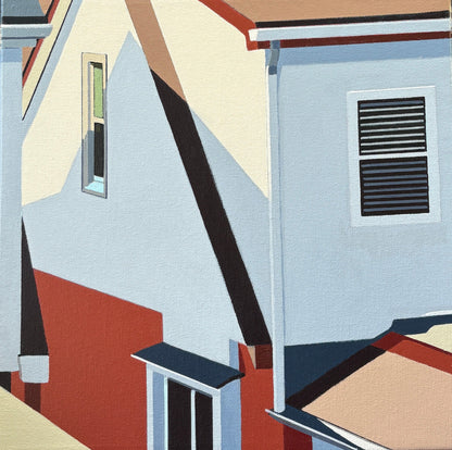 Hindsight is an original 12x12 inch painting by Gordon Leverton, Hamilton Artist, featuring architectural painting of a side view homes in Toronto, Canada in bold geometric shapes.
