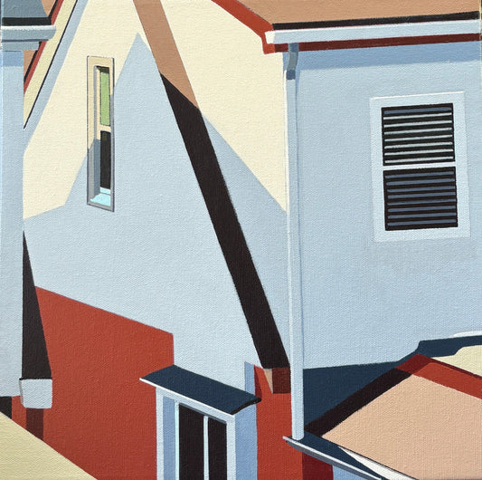 Hindsight is an original 12x12 inch painting by Gordon Leverton, Hamilton Artist, featuring architectural painting of a side view homes in Toronto, Canada in bold geometric shapes.