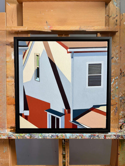 Hindsight is an original 12x12 inch painting by Gordon Leverton, Hamilton Artist, featuring architectural painting of a side view homes in Toronto, Canada in bold geometric shapes.