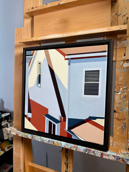 Hindsight is an original 12x12 inch painting by Gordon Leverton, Hamilton Artist, featuring architectural painting of a side view homes in Toronto, Canada in bold geometric shapes.