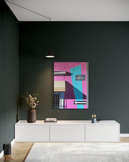 Detail view of original acrylic painting Calle Morelos by Gordon Leverton showing Guadalajara Mexico street architecture