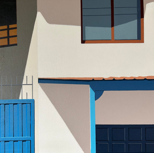 Gordon Leverton -  IMPULSO (Impulse) , Lima, Peru -A painting depicting the side view of a house with a blue door and window shutters, set against a neutral background.