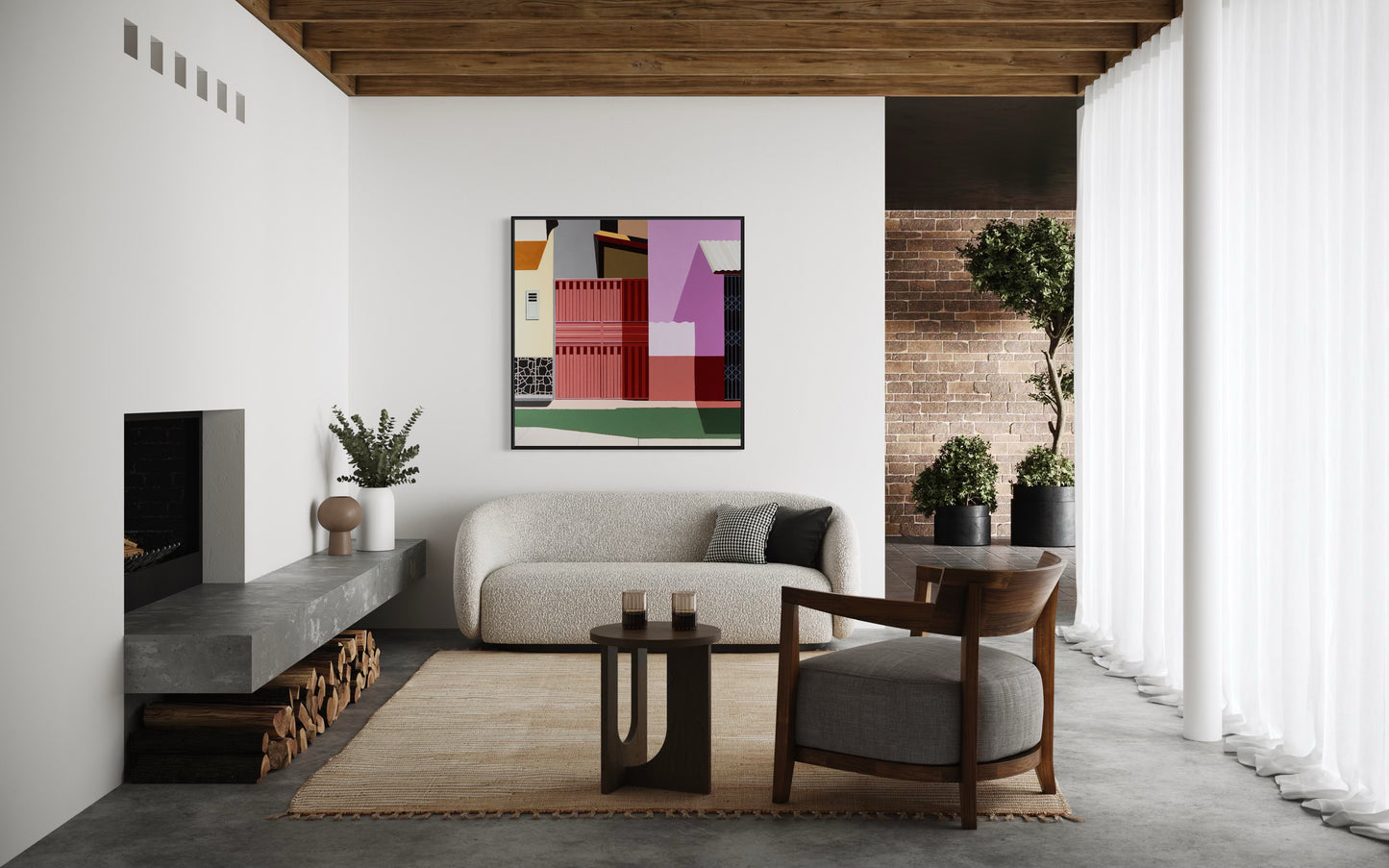 Modern living room with a sofa, coffee table, and Gordon Leverton original art on the wall.