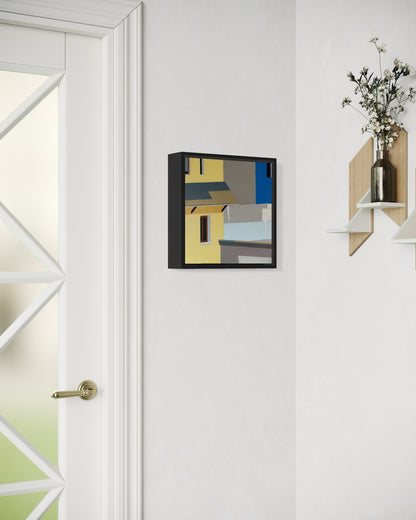 Original acrylic painting Morada by Gordon Leverton depicting Peruvian residential architecture with colorful urban details.