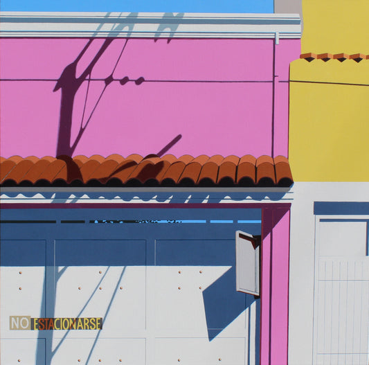 Original acrylic painting No Estacionarse by Gordon Leverton depicting Mexico City architecture with bold urban details