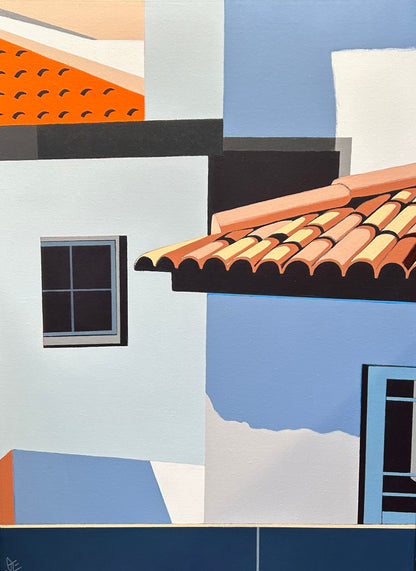 Original acrylic painting Boa Vida by Gordon Leverton depicting Portuguese architecture with colorful urban details