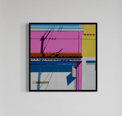 Original acrylic painting No Estacionarse by Gordon Leverton depicting Mexico City, Mexico architecture with bold urban details