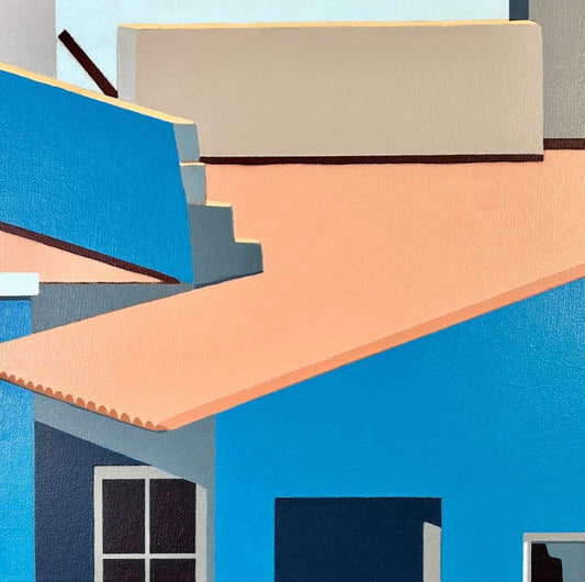 Original acrylic painting Patamanta by Gordon Leverton depicting rooftop cluster of homes in Cercado de Lima Peru with colorful urban architecture