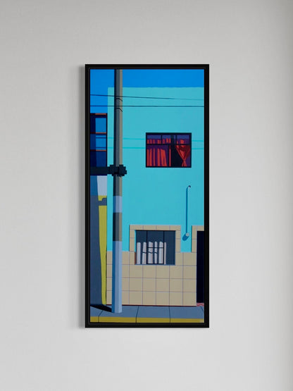 Original acrylic painting Providencia by Gordon Leverton depicting Peruvian architecture with colorful geometric details