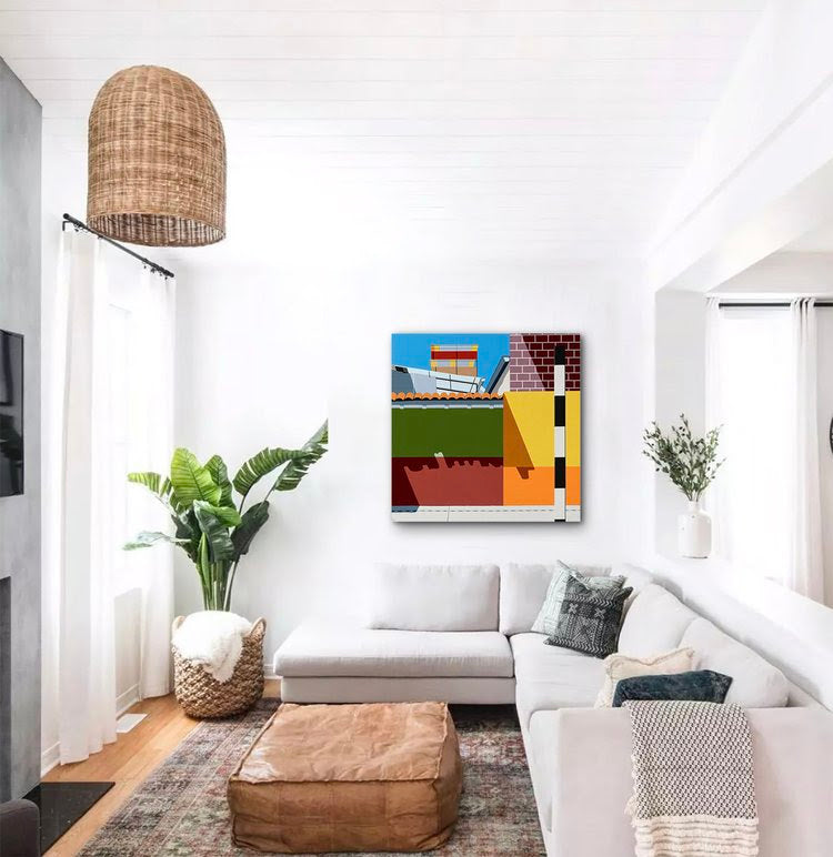 Original acrylic painting Rikchariy by Gordon Leverton depicting Peruvian architecture in Lima with vibrant colors and geometric forms