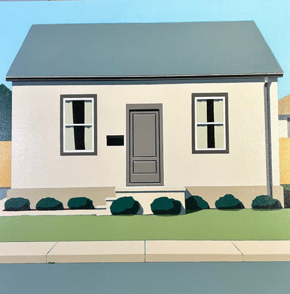 Original acrylic painting by Gordon Leverton depicting residential home on Canada Street in Hamilton Ontario with architectural details