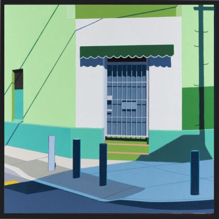 Original acrylic painting Papeleria by Gordon Leverton depicting colonial architecture in Americano Guadalajara Mexico with vibrant tropical colors and geometric forms