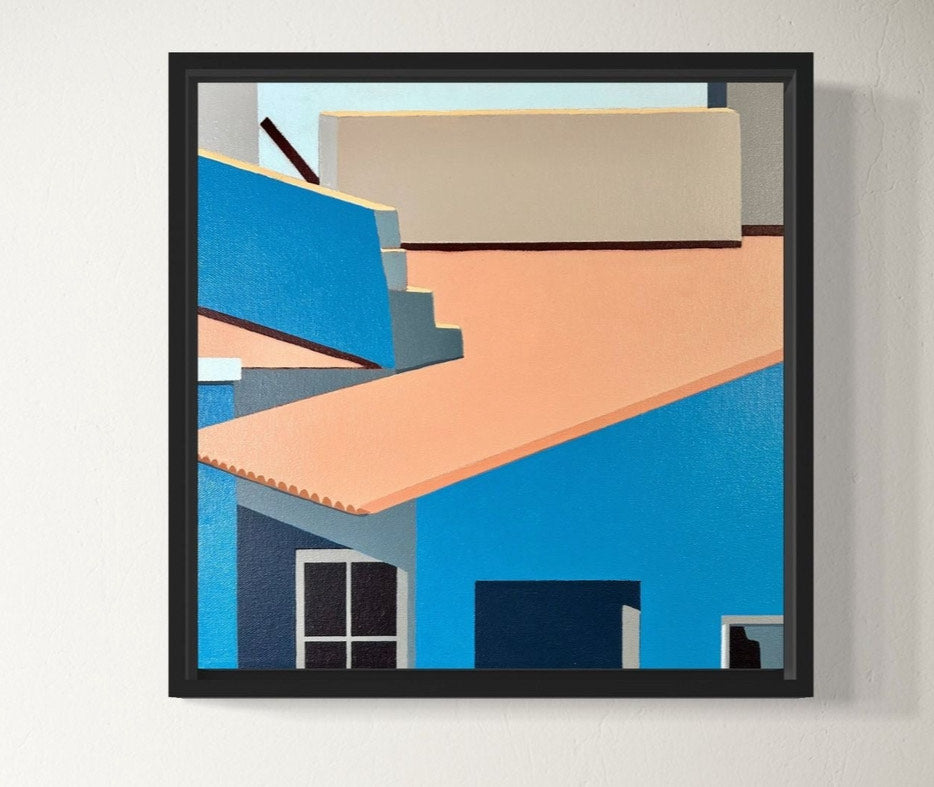 Original acrylic painting Patamanta by Gordon Leverton depicting rooftop cluster of homes in Cercado de Lima Peru with colorful urban architecture