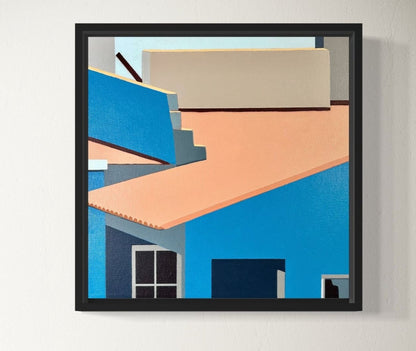 Original acrylic painting Patamanta by Gordon Leverton depicting rooftop cluster of homes in Cercado de Lima Peru with colorful urban architecture