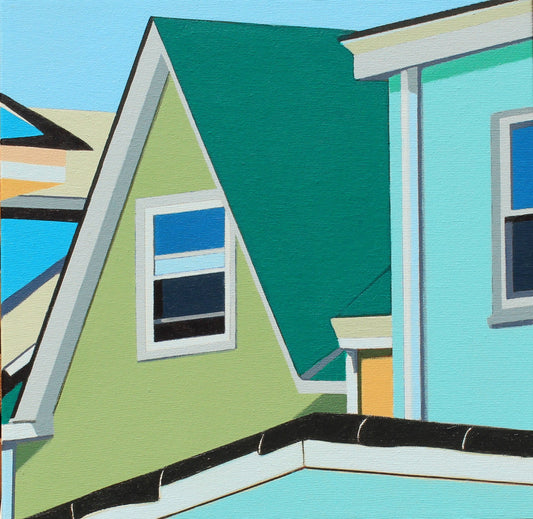Gordon Leverton - Original Artwork

12x12' artwork 
Colorful houses with green, blue, and yellow facades on a clear sky background