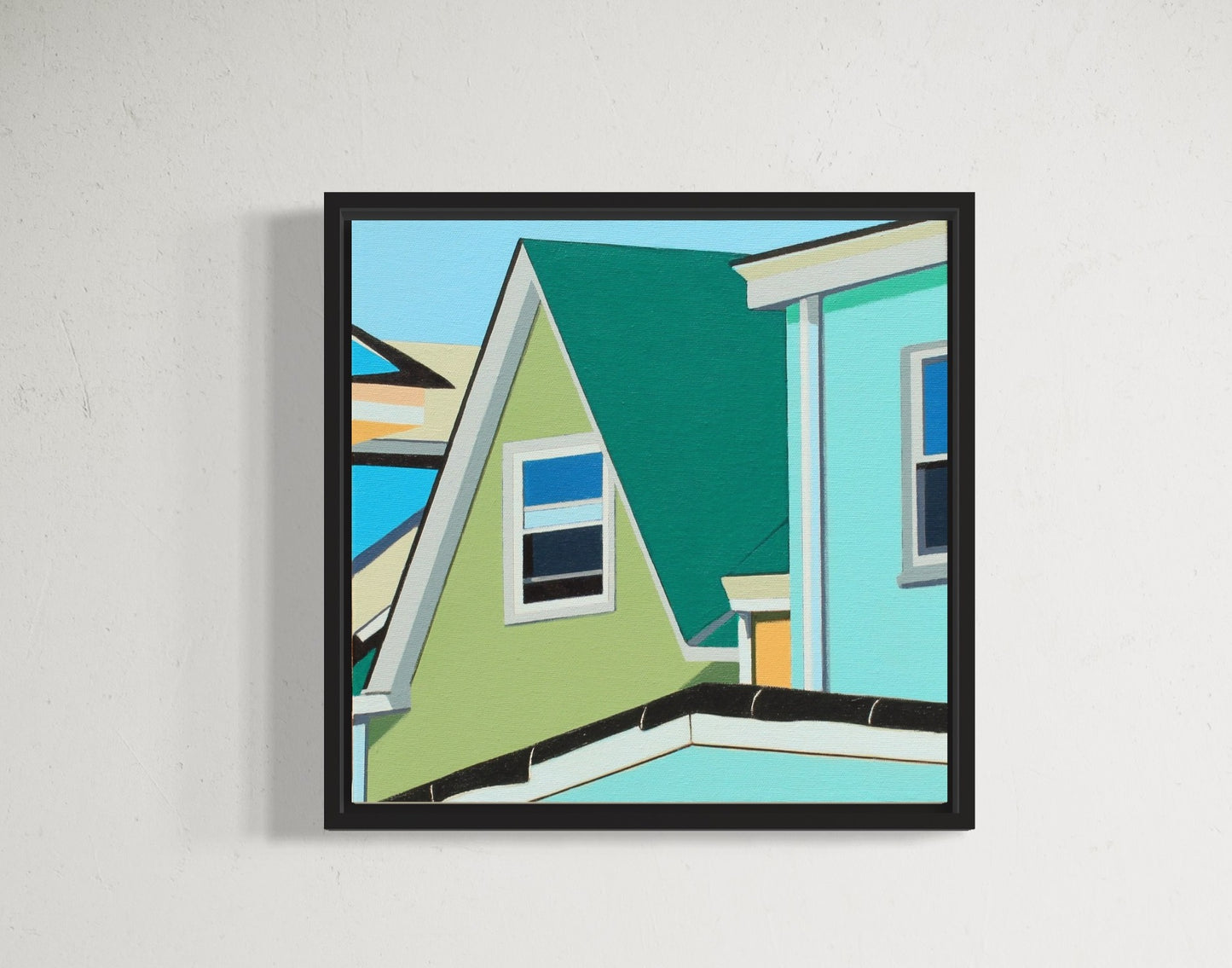 Gordon Leverton - Original Artwork

12x12' artwork  - Framed
Colorful houses with green, blue, and yellow facades on a clear sky background
