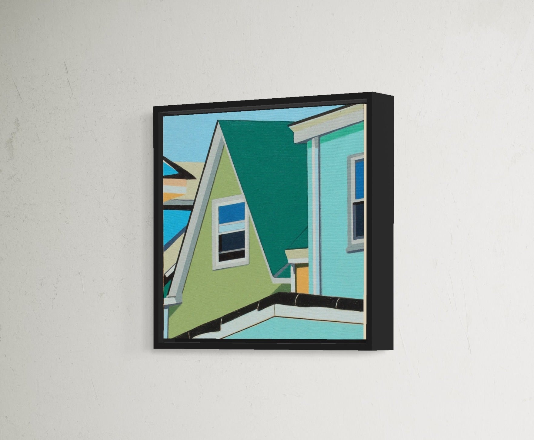 Gordon Leverton - Original Artwork

12x12' artwork  - Framed
Colorful houses with green, blue, and yellow facades on a clear sky background
