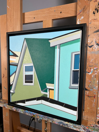 Gordon Leverton - Original Artwork

12x12' artwork  - Framed
Colorful houses with green, blue, and yellow facades on a clear sky background